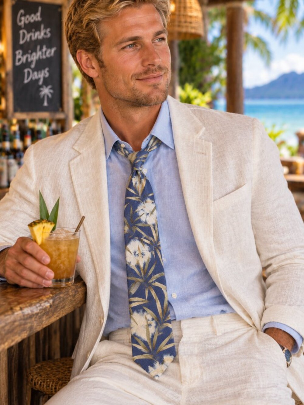 Tropical! Tommy Bahama 100% Silk Blue Botanical Tie – Gold & Ivory Floral Print